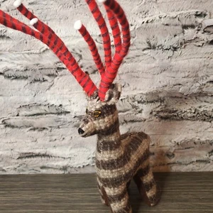 Grey Striped Antelope Wool Yarn Decor 13" Animal Figure RED Antlers Holiday Deer - Picture 1 of 8
