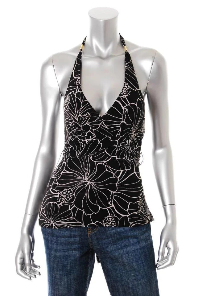 Ellen Tracy ~ Top Jersey Negro Floral Halter Cuello en V Borla Faja 4 NUEVO $79 Foto 1 de 1
