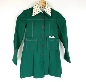 Vintage Girls Shirt Dress 7 Green Button Front Long Sleeve Collared Pleated - Picture 1 of 17