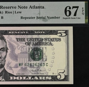 2013 $5 FRN Atlanta PMG 67EPQ - Up Ladder Fancy Repeater Serial Number 62636263 - Picture 1 of 3