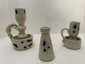 Portacandele e pozzetto inchiostro Williamsburg ceramica smaltata sale foglia blu cobalto 3 pezzi - Foto 1 di 10