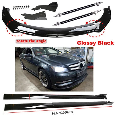 For Mercedes Benz C Front Bumper Lip Body Spoiler+Splitter Side Skirt Strut+Rod/ Foto 1 de 4