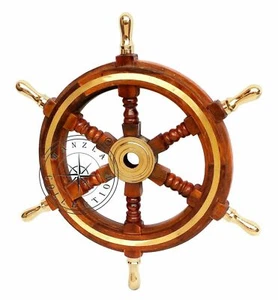 24"Brass Wooden Nautical Ship Steering Wheel Pirate Décor Wood Fishing Wall Boat - Picture 1 of 7