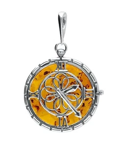 Natural Baltic Amber Clock Pendant Sterling Silver 925 Round Cognac Gemstone - Picture 1 of 1