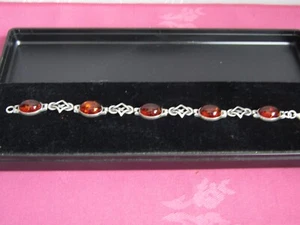 Sterling Silber 925 Armband im keltischen Design mit 5 Cabouchon Bernstein Steinen. Boxed - Bild 1 von 9