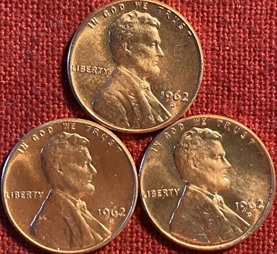 1962 D Uncirculated Lincoln Memorial Cent Penny BU - Lot Of Three - Image 1 of 4