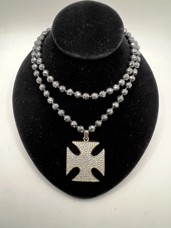 Рыцарский крест со стразами подвеска двойной прядь стеклянная бусина ожерелье изящная застежка - Изображение 1 из 4