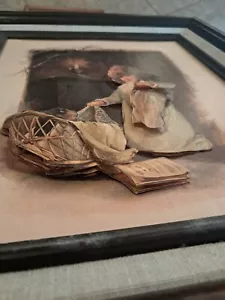 Antique 3D Girl And Dog Framed Matted Holding Baby. Creepy! - Picture 1 of 7