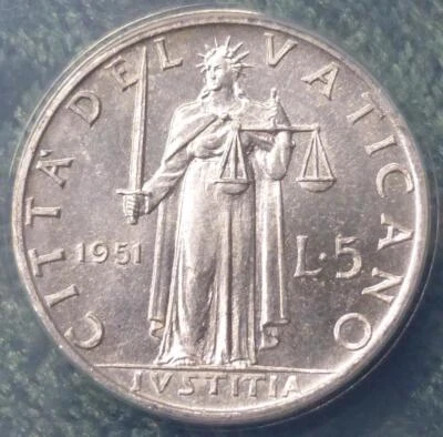 1951 ANACS MS 66 Vatican City 5 Lire Aluminum Coin, Gem MS66, Pope Pius XII - Image 1 of 4