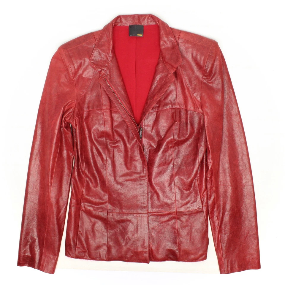 Chaqueta de cuero Fendi para mujer 40 rojo oscuro cremallera frontal forrada en seda hecha en Italia  Foto 1 de 4