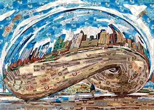 Kunst Collage Chicago Bean Cloud Gates Poster Druck aus Zigarrenbands - Bild 1 von 1