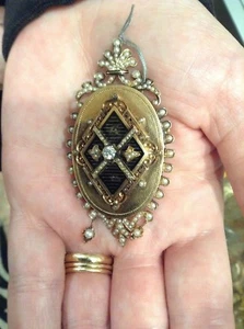 WUNDERSCHÖNE ANTIKE VIKTORIANISCHE 14K, EMAILLE, PERLE & DIAMANT ANSTECKNADEL / ANHÄNGER! TOP! - Bild 1 von 6