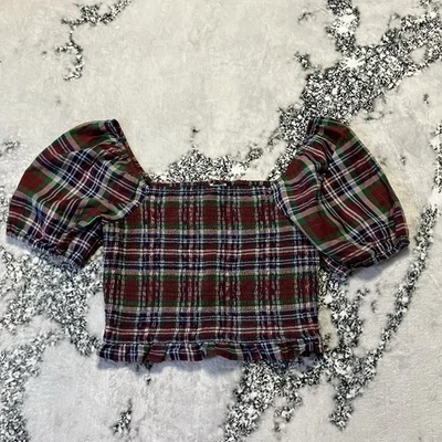 Top American Eagle Talla L Calado Cuadros Manga Abullonada Recortado Rojo Verde Tartán Foto 1 de 4