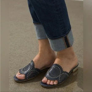Chico's GOLD METAL HEEL DETAILS! Navy Blue Laser Cut Slide Sandals Size 8 - Picture 1 of 9