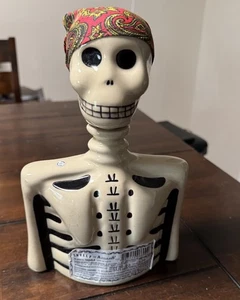 SKELLY by Azulejos Tequila Glazed Pottery Skeleton Empty Decanter with Scarf - Picture 1 of 7
