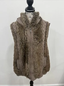 Green Tea Brown Faux Fur Hooded Sleeveless Sweater Vest Mountain Lodge Chic XXL - Picture 1 of 5