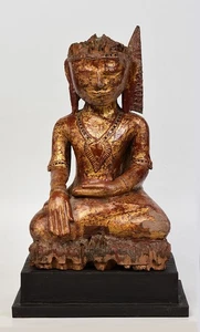 18th Century, Shan, Antique Burmese Wooden Seated Crowned King Buddha Statue - Picture 1 of 13