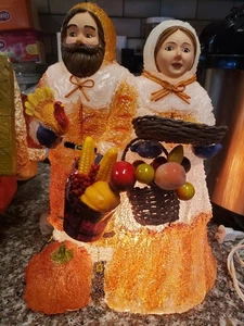 CRACKER BARREL Blow Mold Style Lamp Pilgrim Couple Thanksgiving 13” Stained Glas - Picture 1 of 10