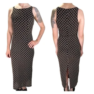 Vintage Maxi Dress Black Beaded Embroidered Sleeveless Slit 80s 90s Gothic - Picture 1 of 12