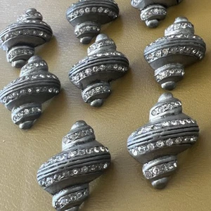 8 antique Pewter and Rhinestone Shell Buttons Vintage Set Shank - Picture 1 of 8