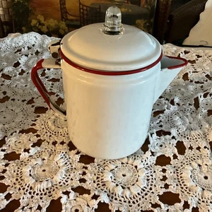 Percolatore caffè smaltato bianco vintage anni 50 vetro rosso casale Cottagecore - Foto 1 di 7