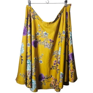 ModCloth 3X Yellow Floral Satin Full Circle Skirt Knee Length Lined Retro - Picture 1 of 9