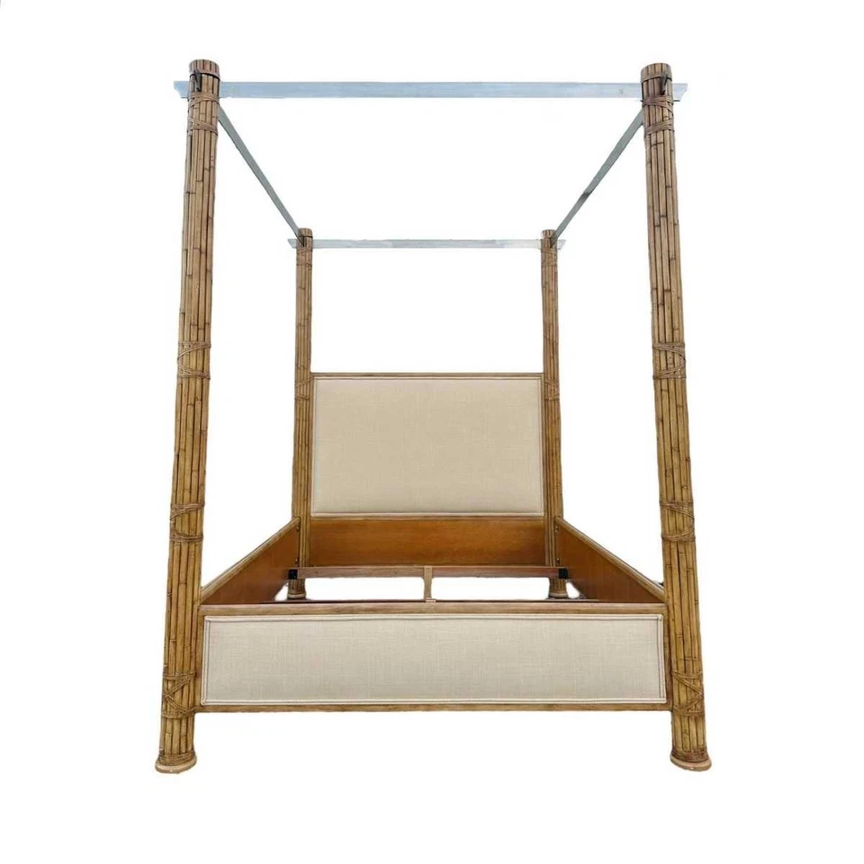 Cama con cartel de bambú Queen con dosel de acero y tela de lino crema - Holl vintage Foto 1 de 4