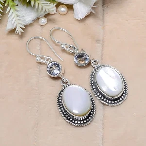 Perlmutt Natur Edelstein Handarbeit 925 Sterling Silber Schmuck Ohrringe - Bild 1 von 4