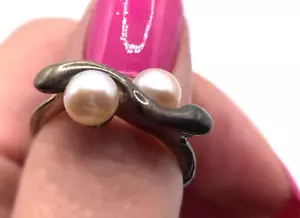 Hagit Gorali HG Israel 925 2 Pearl Sterling Silver RING Sz 8.25 Stackable - Picture 1 of 8