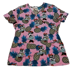 Disney Scrub Top Womens Sz S Small Minnie Mouse Sunglasses Pineapples Tropical - Picture 1 of 4