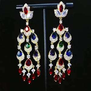 18k Gold Plated Multicolor Lab-Created Sapphire Long Tassel Chandelier Earrings - Picture 1 of 11