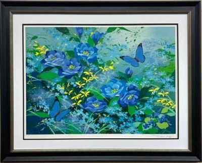 Tatsuo Ito "Jardin Bleu" Firmado a Mano y # Litografía Arte Mariposa Siglo XX Foto 1 de 4