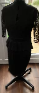Black Peplum Dress With Lace Detail and V-neck back Womens Size UK 12-14 Formal - Picture 1 of 5