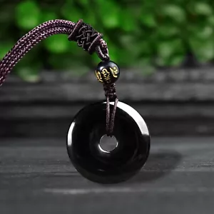 Black Obsidian Donut Buckle Pendant Healing Reiki Amulet Protection Necklace - Picture 1 of 6