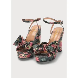 NEW! Lulus Lilso Black Floral Metallic Bow Platform Ankle Strap Block Heels -8.5 - Picture 1 of 7