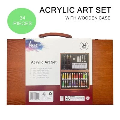 34PCS Acrylic Paints Art Set Kit Paint Tubes Brushes in Wooden Box Case Painting - image 1 of 2