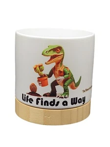 Vaso in ceramica bianco con base in bambù con immagini e detti divertenti dinosauri, 4 pollici - Foto 1 di 27