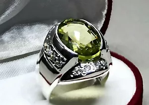 Oval Cut 12 Carat Pale Green Peridot Sterling Silver 925 Handmade Plain Men Ring - Picture 1 of 12