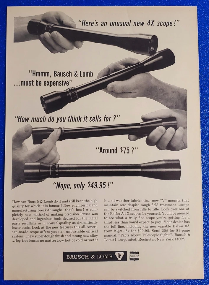 Mira para rifle de caza Bausch & Lomb 1964 anuncio impreso "el costo es menor de lo que pensabas" Foto 1 de 1