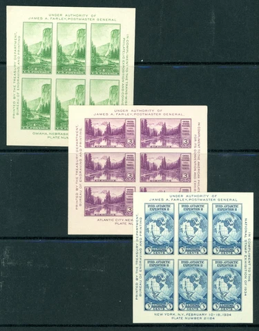 US 1934 Farley Souvenir Sheets, Stamp 735 750 751, Mint MNH NH Gummed NGAI- JPFS Cover
