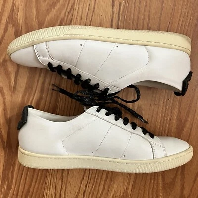Saint Laurent White Leather Sneakers EU 37 YSL Made In Italy SL/01 Black Glitter - Image 1 of 4
