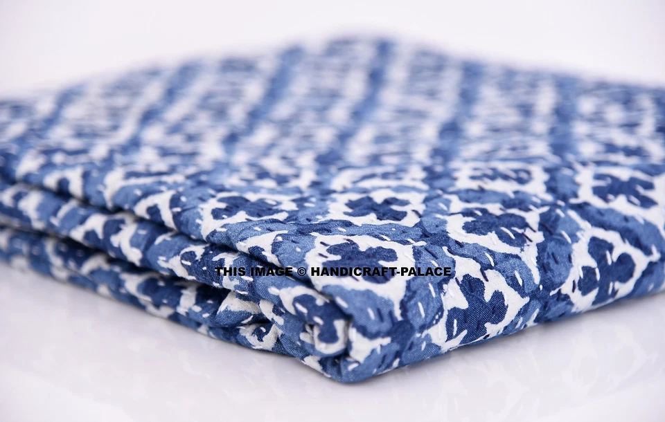 Zwilling Größe Kantha Bettbezug Indigo Blau Decke Hand Gesteppt Überwurf - Bild 1 von 4