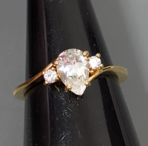 Retro Gold Tone Teardrop Pear CZ Stone Solitaire With Accents Bridal Ring Sz 9 - Picture 1 of 12