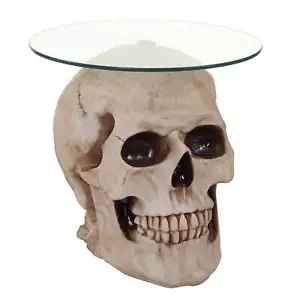 Beistelltisch Totenkopf HWC-A19, Glastisch Totenschädel, Polyresin Ø55cm natur - Bild 1 von 5