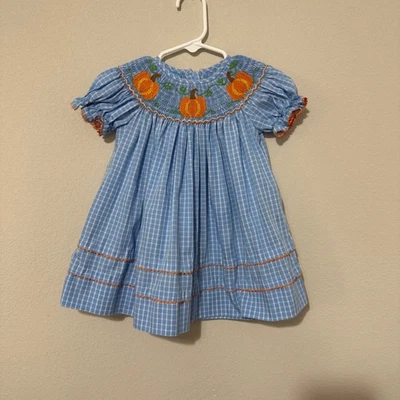 Vestido a Cuadros Azul Calabaza Calado a Mano Bebé Niña Anavini 12 Meses Acción de Gracias Foto 1 de 4