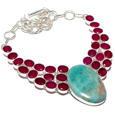 Amazzonite, gemma di giada rossa fatta a mano in argento sterling 925 collana... - Immagine 1 di 4