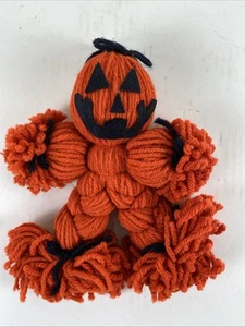 Vintage Yarn Pumpkin Man Orange Black Rag Doll Jack O Lantern Halloween - Picture 1 of 6