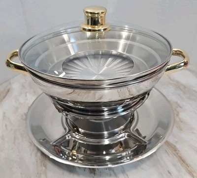 Calentador de servir Command Performance dorado de acero inoxidable con tapa 18/10 3 capas B Foto 1 de 4