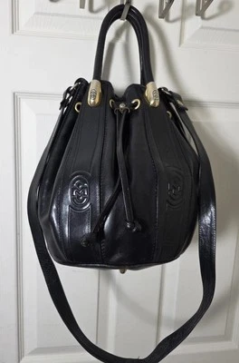 Bolso Cubo Vintage Marino Orlandi Cuero Negro Asa Superior Cordón Cruzado Logo Foto 1 de 4