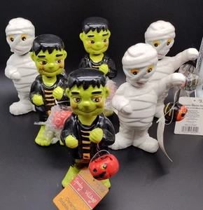Menge 6 Frankenstein und Mumie Halloween Keramik Wackelköpfe 6,25" Neu mit Etikett - Bild 1 von 11